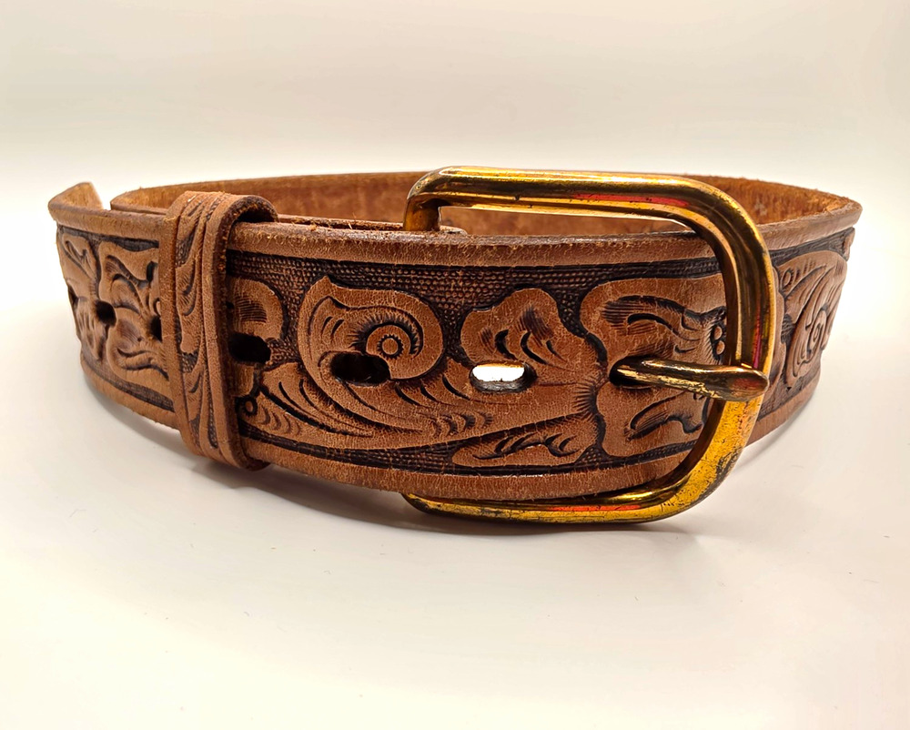 M.C. Light & Sons Youth Brown Tooled Floral Leather Western Belt 1.5" Sz 22